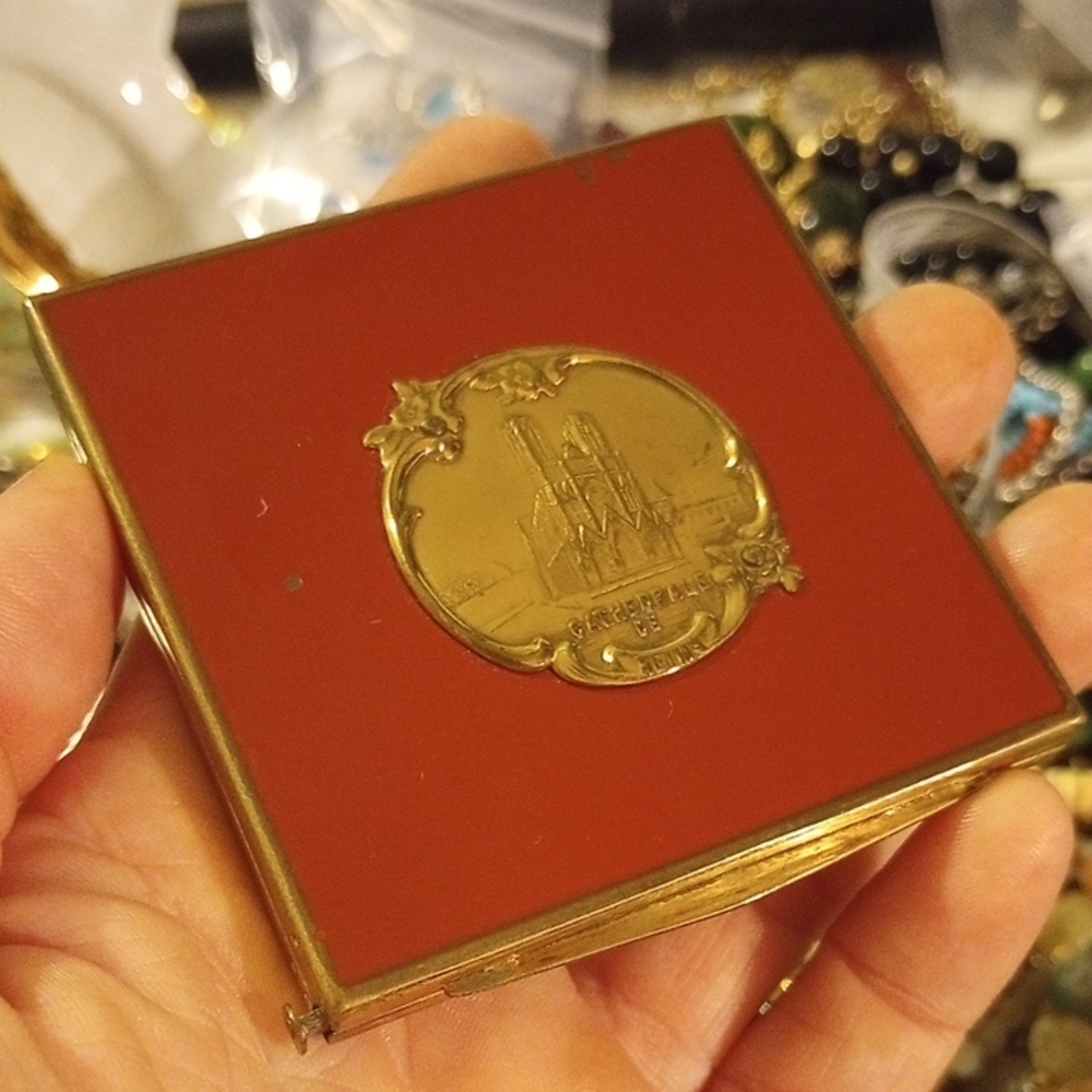 Vintage Red/Gold Compact Mirror: Cathedrale De  Reims Mirrored Compact, RARE